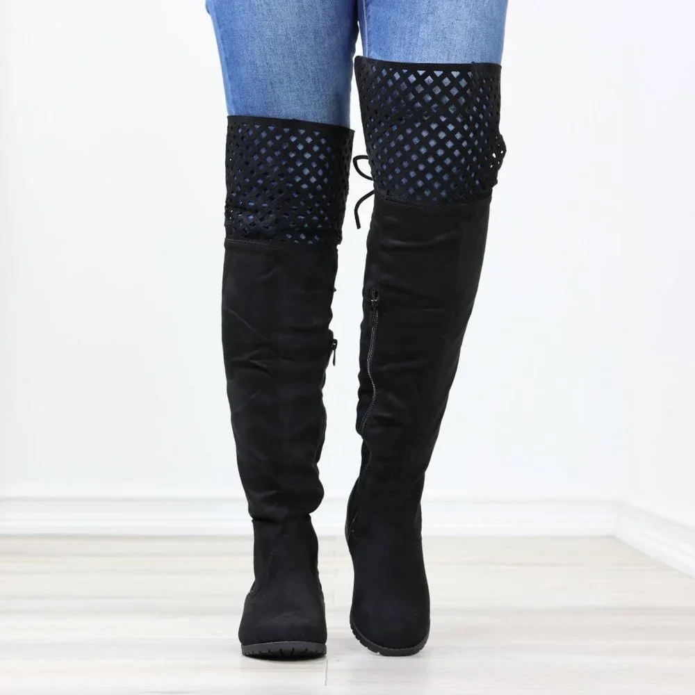 Black Thigh High Over The Knee Flat Boots Faux Suede - Picture 11 of 15